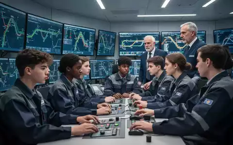Junge Bahn-Auszubildende in Uniformen arbeiten in einer modernen Leitstelle, überwachen Bildschirme und lernen von erfahrenen Ausbildern. - Foto: über boerse-global.de