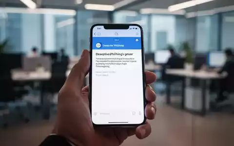 Nahaufnahme einer Hand, die ein Smartphone mit einer Phishing-E-Mail hält, unscharfer Bürohintergrund. - Foto: über boerse-global.de