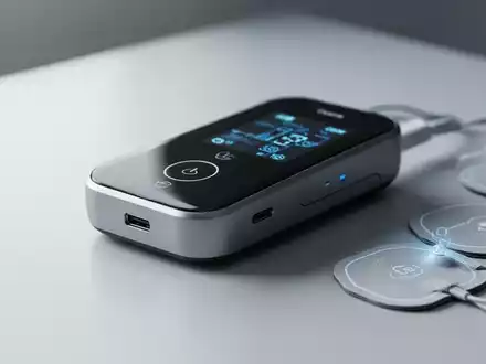 Nahaufnahme eines modernen TENS/EMS-Geräts mit USB-C-Anschluss und Elektroden, umgeben von einer unscharfen medizinischen Umgebung. - Foto: über boerse-global.de