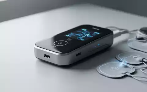 Nahaufnahme eines modernen TENS/EMS-Geräts mit USB-C-Anschluss und Elektroden, umgeben von einer unscharfen medizinischen Umgebung. - Foto: über boerse-global.de