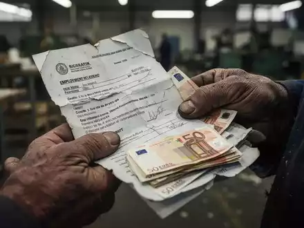 Nahaufnahme der Hände eines Arbeiters, die einen zerknitterten Arbeitsvertrag oder Euro-Banknoten halten, mit unscharfem Hintergrund. - Foto: über boerse-global.de