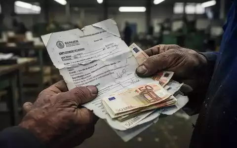 Nahaufnahme der Hände eines Arbeiters, die einen zerknitterten Arbeitsvertrag oder Euro-Banknoten halten, mit unscharfem Hintergrund. - Foto: über boerse-global.de