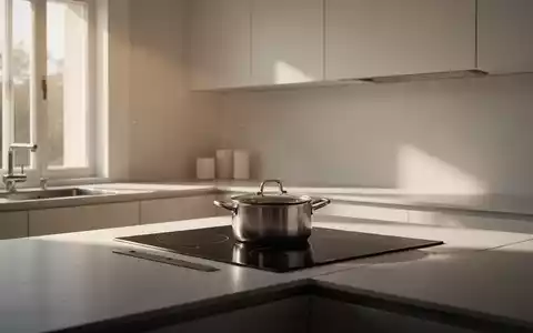 Eine minimalistische, aufgeräumte Küche mit klaren Linien, Sonnenlicht und einem einzelnen Topf auf einem Induktionskochfeld. - Foto: über boerse-global.de