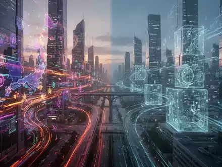 Futuristische Stadtlandschaft mit kontrastierenden digitalen Datenströmen, die Japans liberalisierte KI-Datennutzung versus den regulierten Ansatz der EU symbolisieren. - Foto: über boerse-global.de