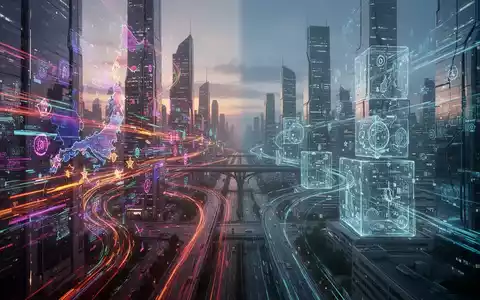 Futuristische Stadtlandschaft mit kontrastierenden digitalen Datenströmen, die Japans liberalisierte KI-Datennutzung versus den regulierten Ansatz der EU symbolisieren. - Foto: über boerse-global.de