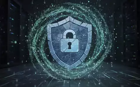 Stilisierter digitaler Schild mit Vorhängeschloss, umgeben von wirbelndem Binärcode und Datenpunkten, vor dunklem Tech-Hintergrund. - Foto: über boerse-global.de