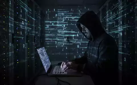 Verschattete Gestalt in Kapuzenjacke tippt auf Laptop in dunklem Serverraum, mit leuchtenden Datenströmen an den Wänden. - Foto: über boerse-global.de