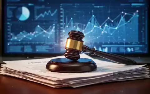 Ein stilisierter Hammer liegt auf einem Stapel juristischer Dokumente mit einem digitalen Bildschirm im Hintergrund, der Daten visualisiert. - Foto: über boerse-global.de
