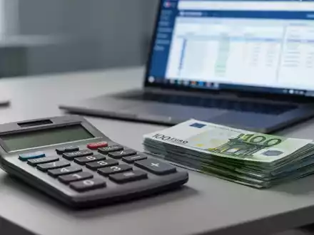 Ein Nahaufnahme eines Taschenrechners und eines Stapels Euro-Banknoten auf einem modernen Schreibtisch, mit digitaler Lohnsoftware auf einem Laptop im Hintergrund. - Foto: über boerse-global.de