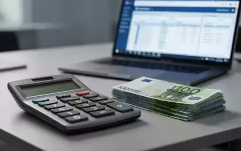 Ein Nahaufnahme eines Taschenrechners und eines Stapels Euro-Banknoten auf einem modernen Schreibtisch, mit digitaler Lohnsoftware auf einem Laptop im Hintergrund. - Foto: über boerse-global.de