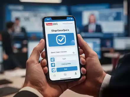 Eine Hand hält ein Smartphone, das ein Quiz anzeigt, mit verschwommenem Hintergrund einer Nachrichtenredaktion. - Foto: über boerse-global.de