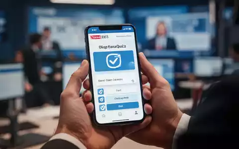 Eine Hand hĂ€lt ein Smartphone, das ein Quiz anzeigt, mit verschwommenem Hintergrund einer Nachrichtenredaktion. - Foto: ĂŒber boerse-global.de