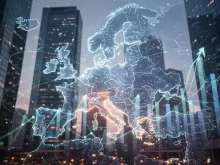 Eine stilisierte, leuchtende Karte Europas mit abstrakten Datenvisualisierungen und Finanzgebäuden im Hintergrund, die Innovation und Einheit symbolisiert. - Foto: über boerse-global.de