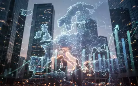 Eine stilisierte, leuchtende Karte Europas mit abstrakten Datenvisualisierungen und Finanzgebäuden im Hintergrund, die Innovation und Einheit symbolisiert. - Foto: über boerse-global.de