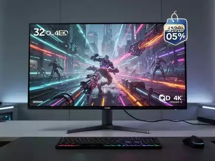 Nahaufnahme eines High-End-32-Zoll-4K-QD-OLED-Gaming-Monitors mit lebendigen Grafiken und einem Preisschild mit Rabatt. - Foto: über boerse-global.de