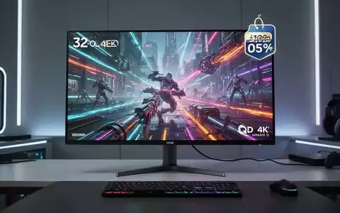 Nahaufnahme eines High-End-32-Zoll-4K-QD-OLED-Gaming-Monitors mit lebendigen Grafiken und einem Preisschild mit Rabatt. - Foto: über boerse-global.de