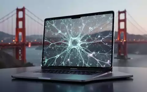 Nahaufnahme eines modernen Laptop-Bildschirms mit abstrakter, leuchtender KI-Neuronennetz-Oberfläche, die die verschwommene Golden Gate Bridge spiegelt. - Foto: über boerse-global.de
