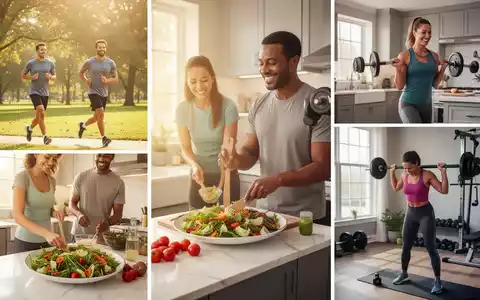 Eine Gruppe von Menschen, die verschiedene gesunde Aktivitäten ausüben, wie Joggen, Kochen und Sport, umgeben von natürlichem Licht. - Foto: über boerse-global.de