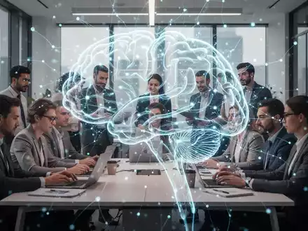 Ein stilisiertes, leuchtendes neuronales Netz überlagert eine Gruppe von Fachleuten in einem modernen Büro, die zusammenarbeiten. - Foto: über boerse-global.de