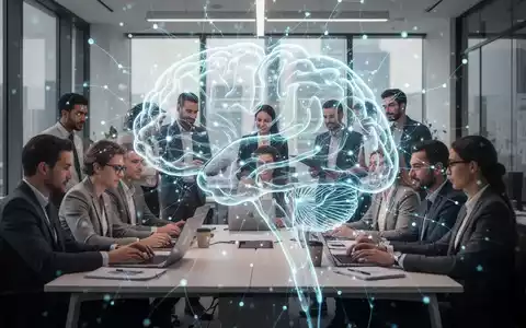 Ein stilisiertes, leuchtendes neuronales Netz überlagert eine Gruppe von Fachleuten in einem modernen Büro, die zusammenarbeiten. - Foto: über boerse-global.de