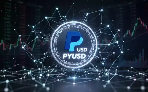 Leuchtendes PayPal-USD-Stablecoin-Symbol über abstraktem, futuristischem Polygon-Blockchain-Netzwerk mit digitalen Verbindungslinien. - Foto: über boerse-global.de