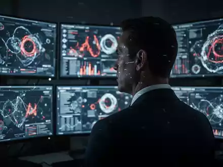 Eine Person im Anzug blickt auf mehrere digitale Bildschirme mit komplexen Daten, die eine Krisensituation darstellen. - Foto: über boerse-global.de