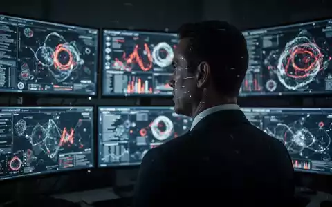 Eine Person im Anzug blickt auf mehrere digitale Bildschirme mit komplexen Daten, die eine Krisensituation darstellen. - Foto: über boerse-global.de
