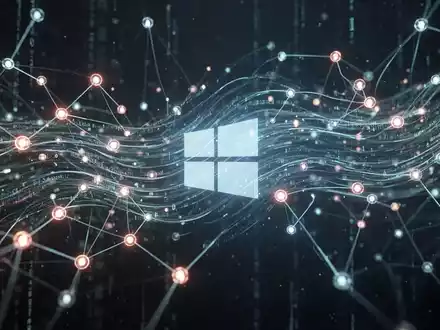 Abstraktes digitales Netzwerk mit leuchtenden Knoten und Linien, das KI-gestützte Sicherheit und Systemupdates für Windows 11 darstellt. - Foto: über boerse-global.de
