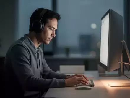 Eine Person mit Kopfhörern konzentriert sich an einem modernen Schreibtisch, umgeben von einer ruhigen, produktiven Atmosphäre. - Foto: über boerse-global.de