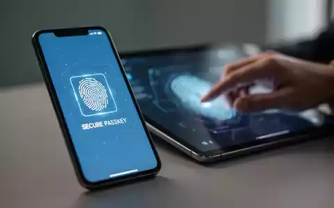 Ein Smartphone-Bildschirm zeigt ein Passkey-Symbol, während im Hintergrund verschwommen eine Hand mit einem Tablet interagiert. - Foto: über boerse-global.de