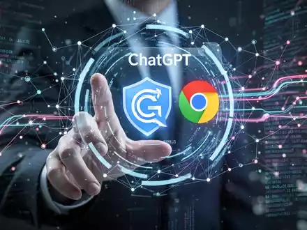 Eine Hand interagiert mit einem holografischen Bildschirm, der ChatGPT- und Chrome-Logos zeigt, symbolisiert KI-Integration und digitalen Workflow. - Foto: über boerse-global.de