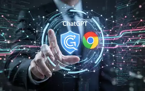 Eine Hand interagiert mit einem holografischen Bildschirm, der ChatGPT- und Chrome-Logos zeigt, symbolisiert KI-Integration und digitalen Workflow. - Foto: über boerse-global.de