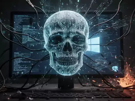 Digitaler Schädel aus Code und Schaltkreisen auf dunklem Bildschirm, symbolisiert destruktive Windows-Hintertür. - Foto: über boerse-global.de