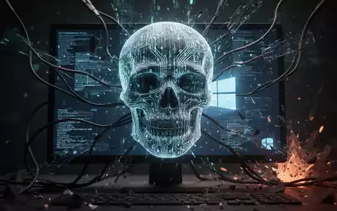 Digitaler Schädel aus Code und Schaltkreisen auf dunklem Bildschirm, symbolisiert destruktive Windows-Hintertür. - Foto: über boerse-global.de