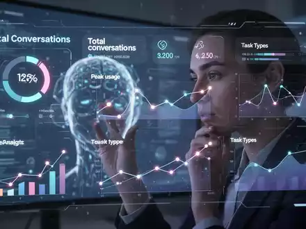 Futuristisches KI-Analyse-Dashboard mit Diagrammen und Daten, überlagert mit unscharfem Bild einer Person am Computer. - Foto: über boerse-global.de