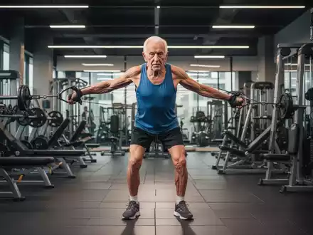 Ein älterer, muskulöser Mann trainiert in einem modernen Fitnessstudio am Kabelzug. - Foto: über boerse-global.de