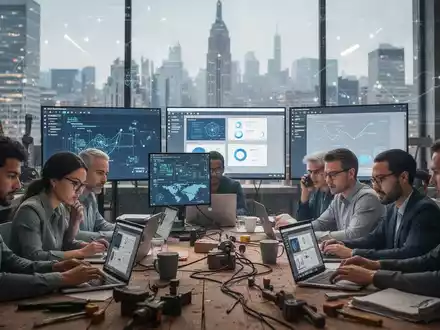 Fachleute in einer modernen Werkstatt arbeiten an Laptops, im Hintergrund verschwommene globale Stadtsilhouetten, die die Expansion von KI-Software symbolisieren. - Foto: über boerse-global.de