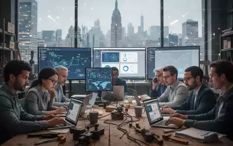 Fachleute in einer modernen Werkstatt arbeiten an Laptops, im Hintergrund verschwommene globale Stadtsilhouetten, die die Expansion von KI-Software symbolisieren. - Foto: über boerse-global.de