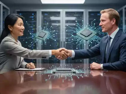 Zwei Führungskräfte, eine ostasiatische und eine kaukasische, schütteln sich über einen Konferenztisch die Hände, im Hintergrund verschwommene KI-Chips und Server. - Foto: über boerse-global.de