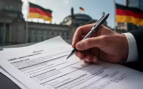 Eine Hand hält einen Stift über einem Dokument, das Arbeitsmarktreformen und wirtschaftliche Dynamik thematisiert, mit unscharfen Regierungsgebäuden im Hintergrund. - Foto: über boerse-global.de