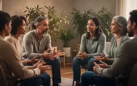 Eine Gruppe von Menschen sitzt in einem Kreis und unterhält sich, symbolisiert Peer-Unterstützung und Gemeinschaft bei psychischen Erkrankungen. - Foto: über boerse-global.de