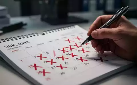 Ein Kalender mit vielen rot markierten Krankheitstagen, eine Hand hält einen Stift bereit, um weitere Tage zu markieren. - Foto: über boerse-global.de