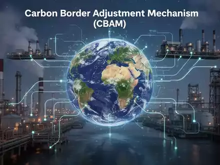 Eine stilisierte Grafik zeigt industrielle Anlagen, die durch digitale Linien mit einem Globus verbunden sind und Handel und CO2-Emissionen darstellen. - Foto: über boerse-global.de