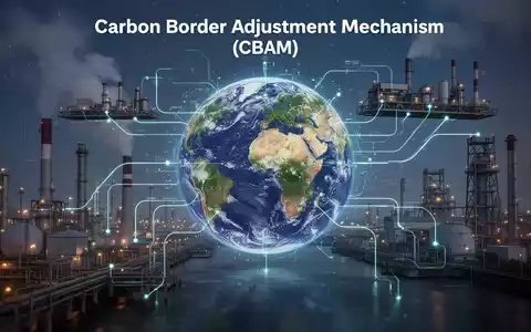 Eine stilisierte Grafik zeigt industrielle Anlagen, die durch digitale Linien mit einem Globus verbunden sind und Handel und CO2-Emissionen darstellen. - Foto: über boerse-global.de