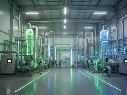 Eine futuristische Industrieanlage mit leuchtenden grünen und blauen Lichtern, die CO2-Reduktions- und Wasserstofftechnologien symbolisieren. - Foto: über boerse-global.de