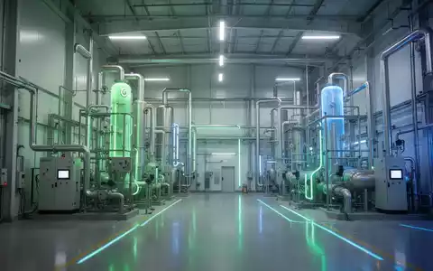 Eine futuristische Industrieanlage mit leuchtenden grünen und blauen Lichtern, die CO2-Reduktions- und Wasserstofftechnologien symbolisieren. - Foto: über boerse-global.de