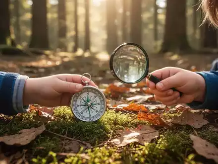Eine Kinderhand hält Kompass und Lupe, erkundet einen Waldboden mit Moos und Blättern. Sonnenlicht fällt durch Bäume. - Foto: über boerse-global.de