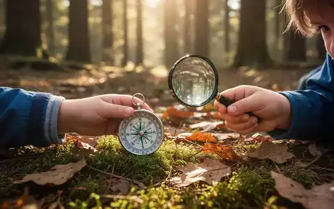 Eine Kinderhand hält Kompass und Lupe, erkundet einen Waldboden mit Moos und Blättern. Sonnenlicht fällt durch Bäume. - Foto: über boerse-global.de