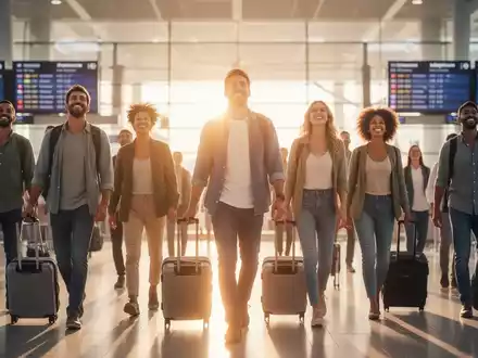 Eine Gruppe vielfältiger Menschen, die optimistisch auf einen sonnigen Horizont zugehen, symbolisiert internationale Migration und neue Lebensqualität. - Foto: über boerse-global.de