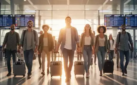 Eine Gruppe vielfältiger Menschen, die optimistisch auf einen sonnigen Horizont zugehen, symbolisiert internationale Migration und neue Lebensqualität. - Foto: über boerse-global.de